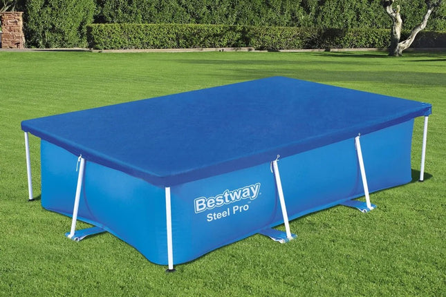 Blauw Bestway afdekzeil op een Steel Pro zwembad in de tuin