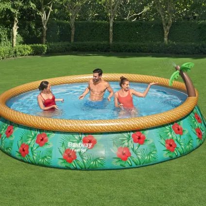 Mensen zwemmen in het Bestway Fast Set zwembad met paradijsprint