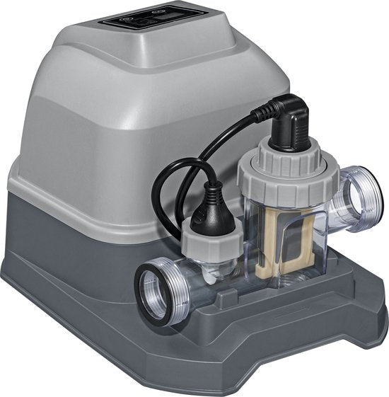 Close-up van de elektrolysecel van het Bestway zoutwatersysteem