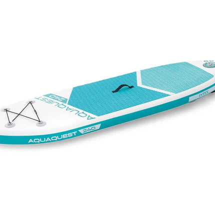 De Intex AquaQuest 320 SUP-set is een blauwgroene en witte set van Intex, met een enkelriem, een elastiek aan dek en duurzame Drop Stitch-technologie.