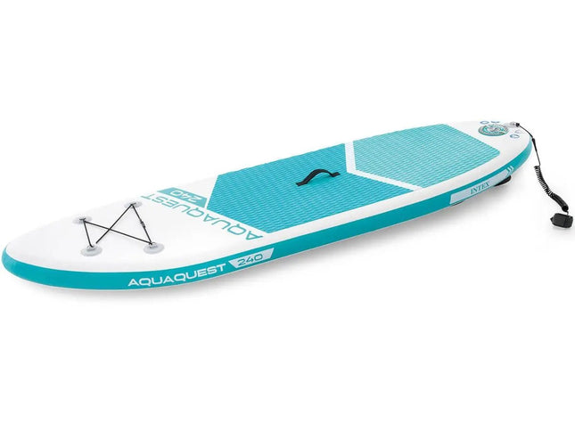 De Intex AquaQuest 320 SUP-set is een blauwgroene en witte set van Intex, met een enkelriem, een elastiek aan dek en duurzame Drop Stitch-technologie.