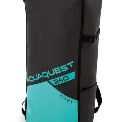 Een rechthoekige, zwarte en blauwgroene Intex-draagtas met handgrepen aan de zijkant, perfect voor het vervoeren van uw Intex AquaQuest 320 SUP-set of een ander opblaasbaar SUP met Drop Stitch-technologie.