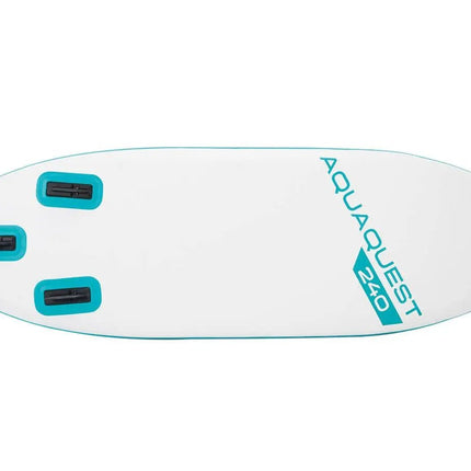 Wit stand-up paddleboard met drie zwarte vinnen en blauwe afwerking, met het label AQUAQUEST 320, van Intex. Gemaakt met Drop Stitch-technologie voor extra stevigheid, vergelijkbaar met de Intex AquaQuest 320 SUP-set.