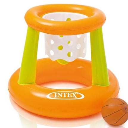 Oranje met groen opblaasbaar basketbalnet met basketbal.
