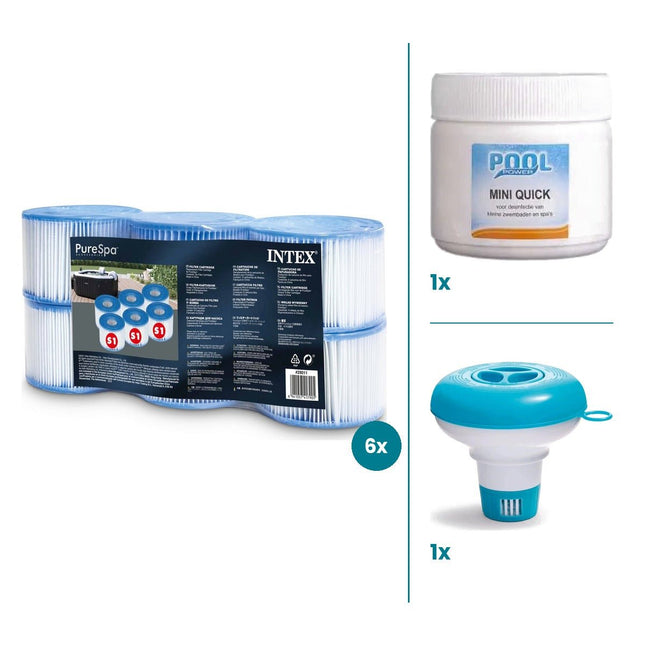 Spa onderhoudsset met 6 Intex S1 filters, chloortabletten en chloordrijver