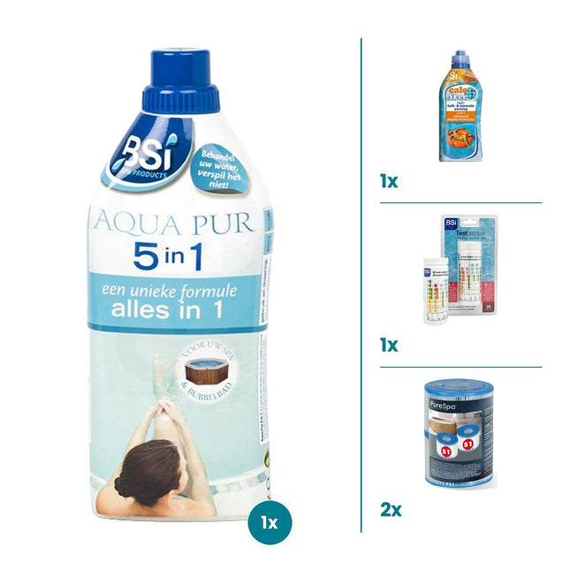 Spa onderhoudsset met BSI Aqua Pur, Calc Free, teststrips en Intex S1 filters