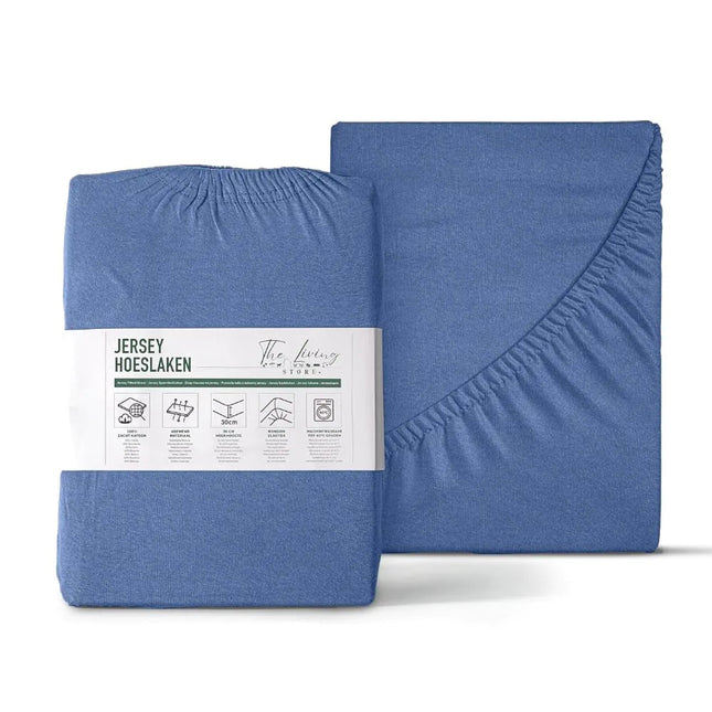 The Living Store jersey hoeslaken blauw met verpakking